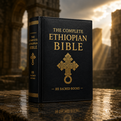 The Complete Ethiopian Bible — ornate leather-bound Bible with gold Orthodox cross, containing all 88 books of the original canon preserved for 1,600 years